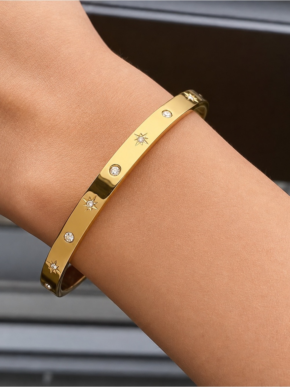 18K Gold Plated Celestial Crystal Open Cuff Bangle